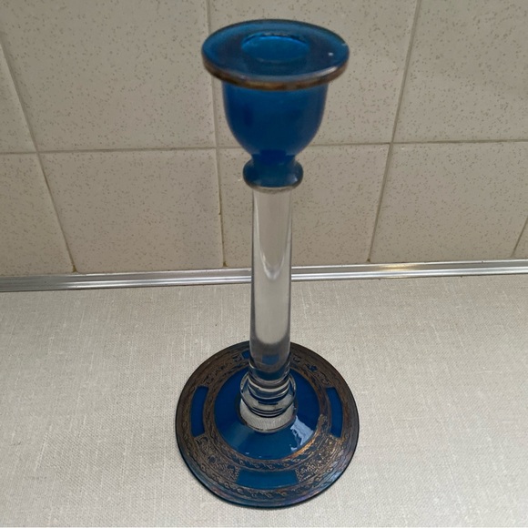 Vintage‎ Blue & Clear Glass Candlestick Bronze Color  Etching Accents main image 8